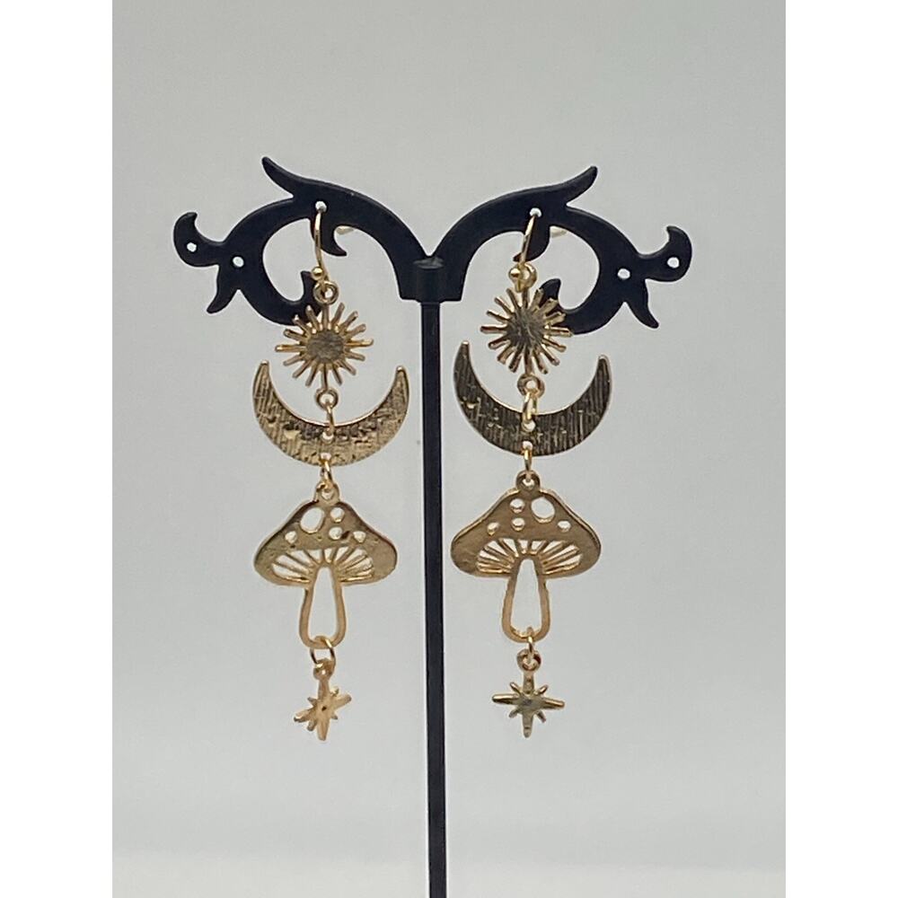 Mushroom Sun Moon Star Boho Whimsical Gold Tone Dangle Statement Earrings Fun